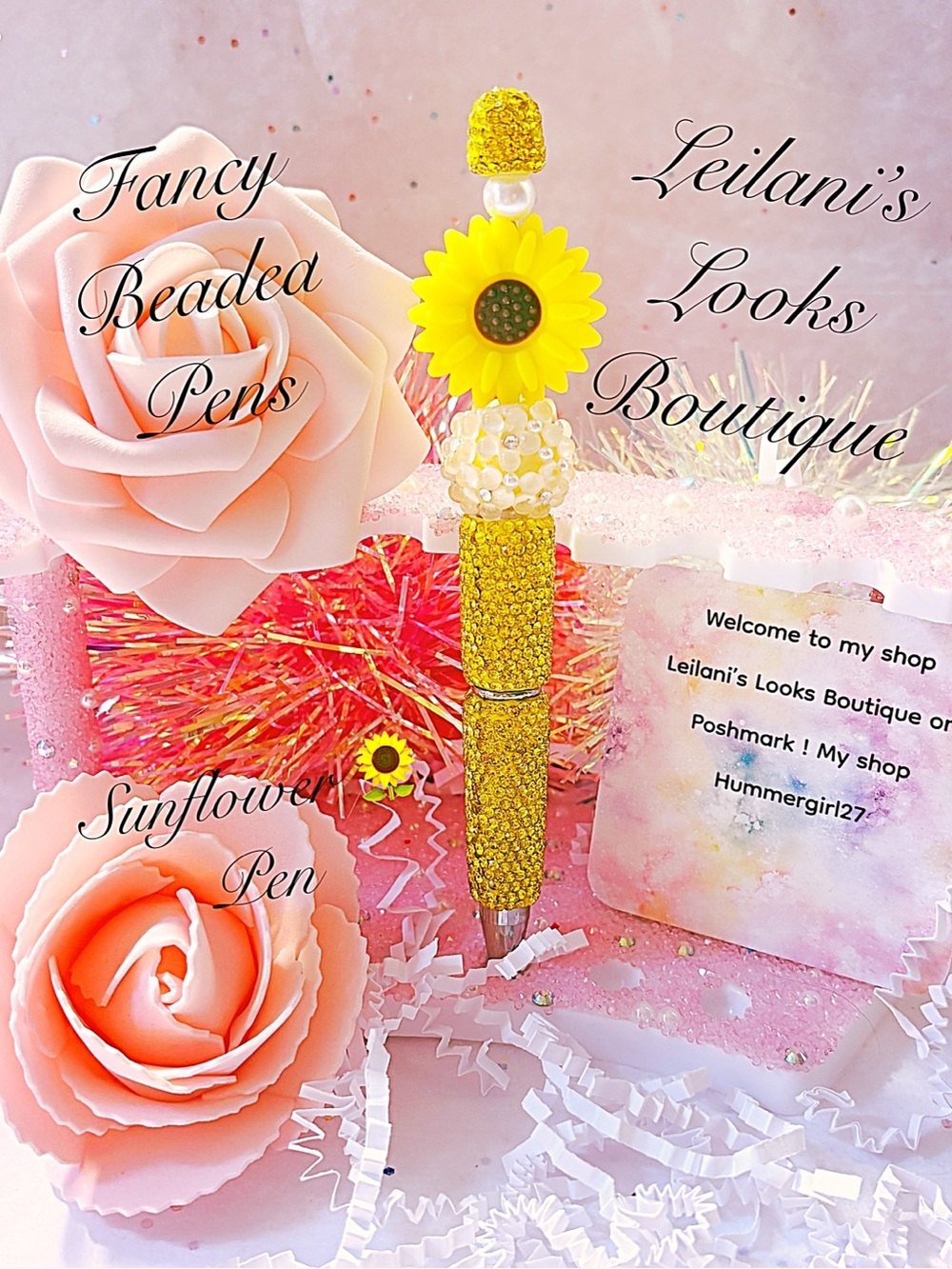 Fancy beaded pen/gifts/ Yellow beaded pen with sunflower design